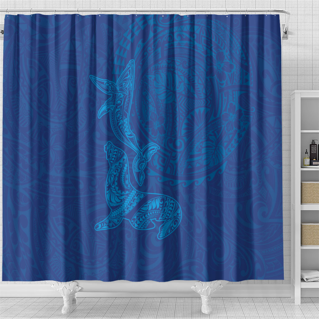 Hawaiian Monk Seal and Whale Shower Curtain Kakau Tribal Pattern Blue Color