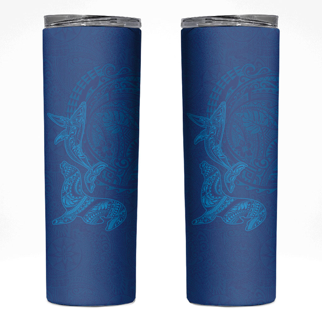 Hawaiian Monk Seal and Whale Skinny Tumbler Kakau Tribal Pattern Blue Color