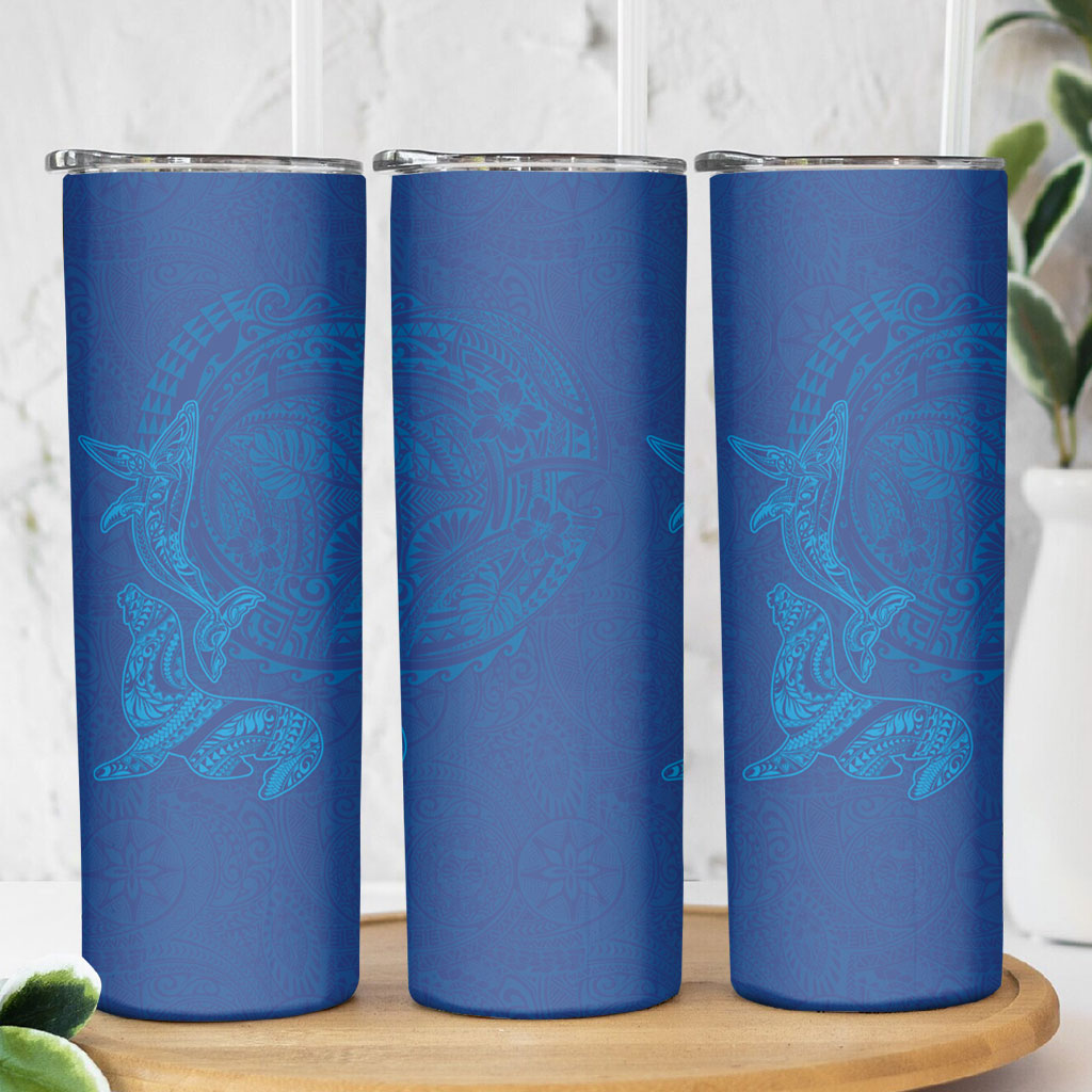 Hawaiian Monk Seal and Whale Skinny Tumbler Kakau Tribal Pattern Blue Color