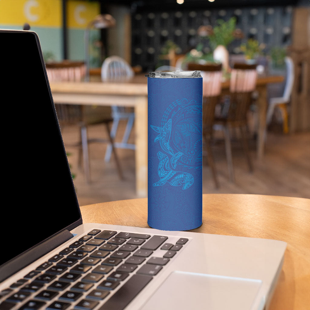 Hawaiian Monk Seal and Whale Skinny Tumbler Kakau Tribal Pattern Blue Color