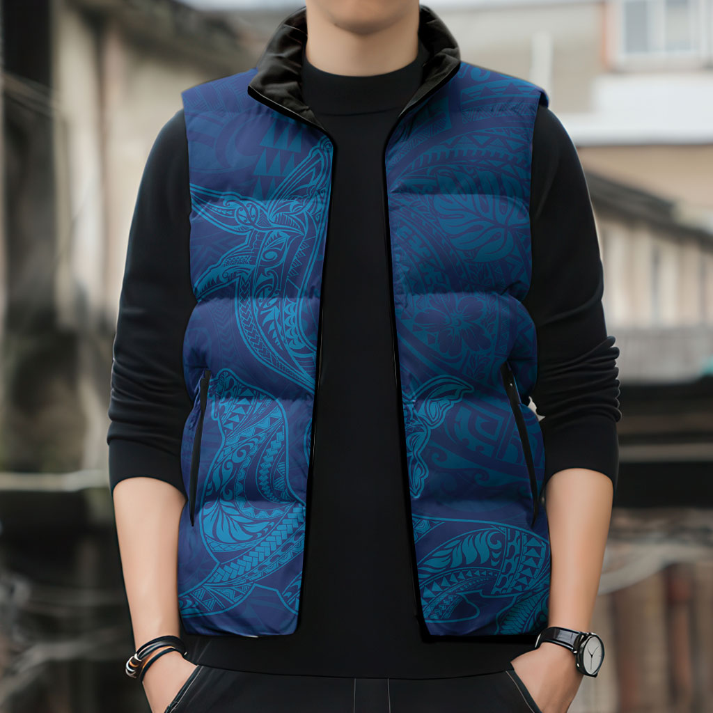 Hawaiian Monk Seal and Whale Sleeveless Puffer Jacket Kakau Tribal Pattern Blue Color