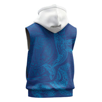 Hawaiian Monk Seal and Whale Sleeveless Zip Hoodie Kakau Tribal Pattern Blue Color