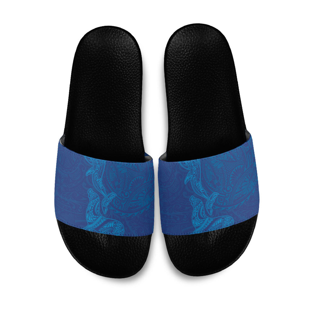 Hawaiian Monk Seal and Whale Slide Sandals Kakau Tribal Pattern Blue Color