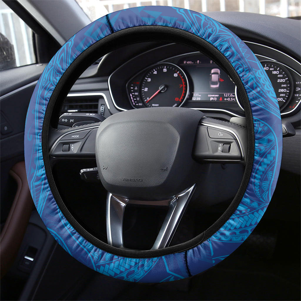 Hawaiian Monk Seal and Whale Steering Wheel Cover Kakau Tribal Pattern Blue Color