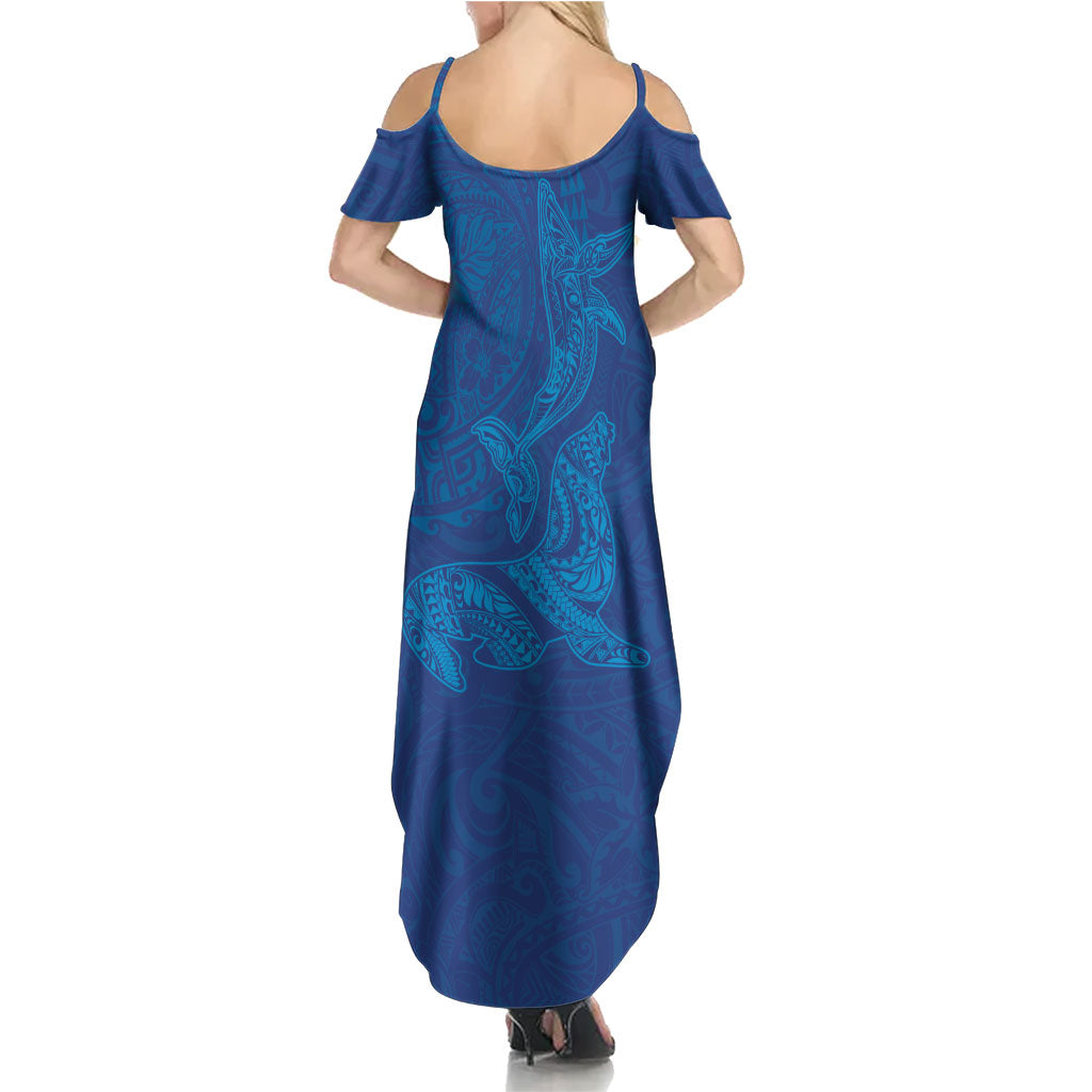 Hawaiian Monk Seal and Whale Summer Maxi Dress Kakau Tribal Pattern Blue Color