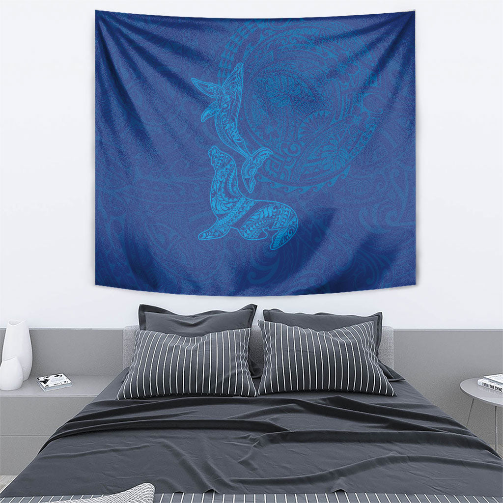 Hawaiian Monk Seal and Whale Tapestry Kakau Tribal Pattern Blue Color