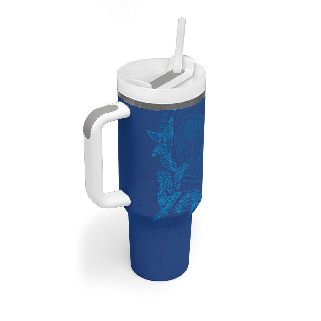 Hawaiian Monk Seal and Whale Tumbler With Handle Kakau Tribal Pattern Blue Color