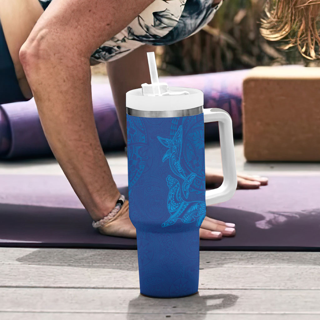 Hawaiian Monk Seal and Whale Tumbler With Handle Kakau Tribal Pattern Blue Color