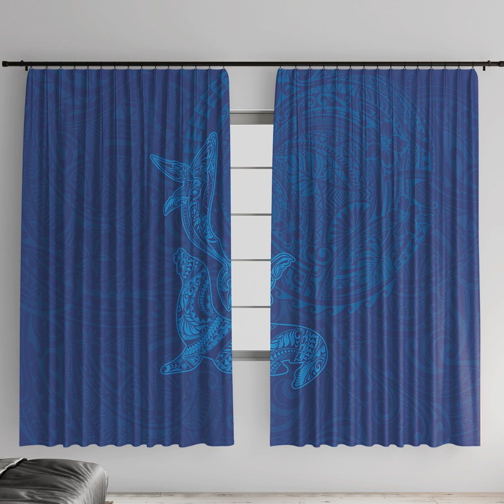 Hawaiian Monk Seal and Whale Window Curtain Kakau Tribal Pattern Blue Color