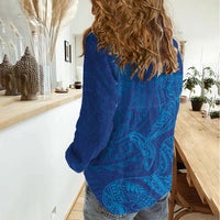 Hawaiian Monk Seal and Whale Women Casual Shirt Kakau Tribal Pattern Blue Color