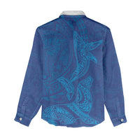 Hawaiian Monk Seal and Whale Women Casual Shirt Kakau Tribal Pattern Blue Color