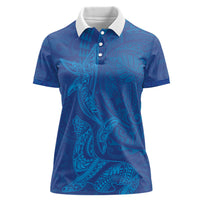 Hawaiian Monk Seal and Whale Women Polo Shirt Kakau Tribal Pattern Blue Color