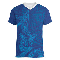 Hawaiian Monk Seal and Whale Women V-Neck T-Shirt Kakau Tribal Pattern Blue Color LT03 Female Blue - Polynesian Pride