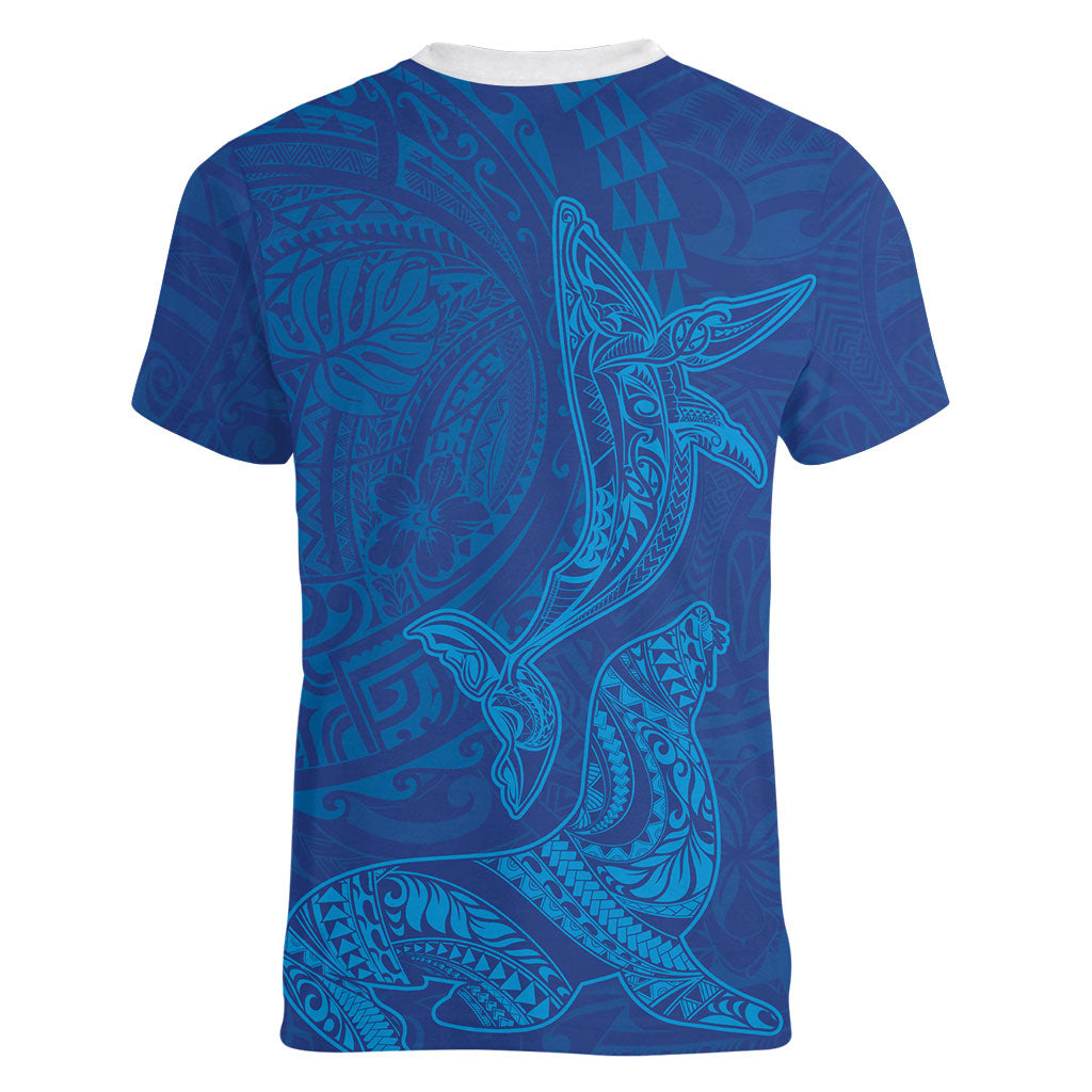 Hawaiian Monk Seal and Whale Women V-Neck T-Shirt Kakau Tribal Pattern Blue Color LT03 - Polynesian Pride