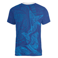 Hawaiian Monk Seal and Whale Women V-Neck T-Shirt Kakau Tribal Pattern Blue Color LT03 - Polynesian Pride