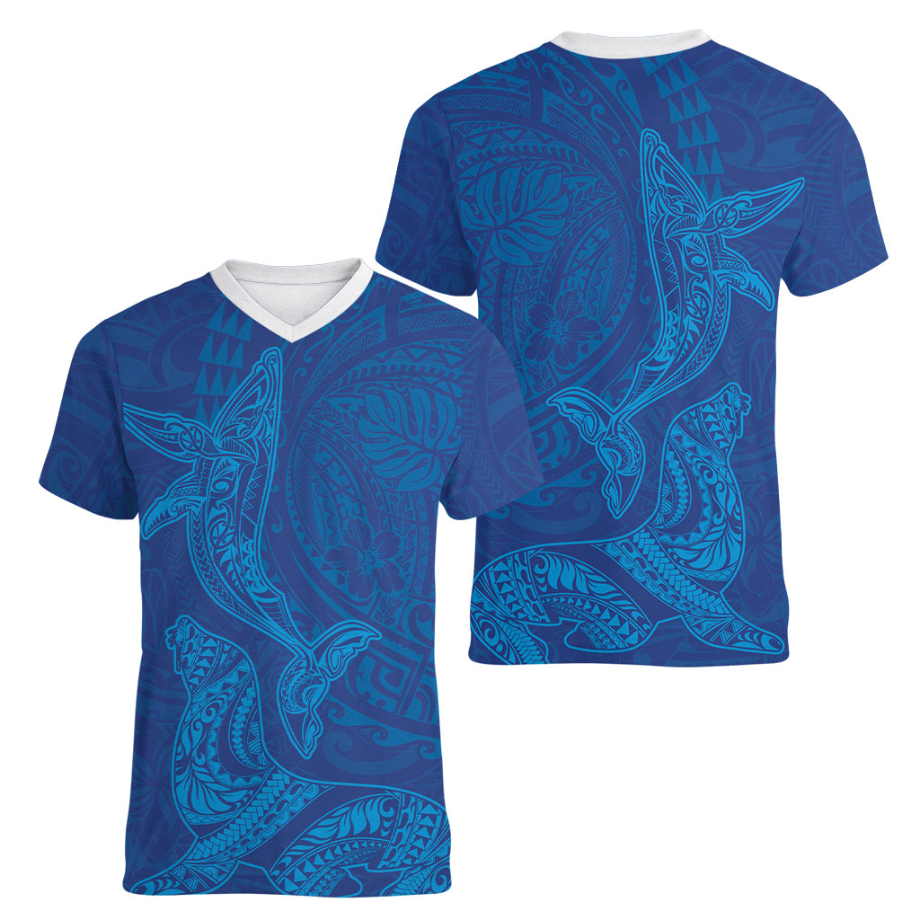 Hawaiian Monk Seal and Whale Women V-Neck T-Shirt Kakau Tribal Pattern Blue Color LT03 - Polynesian Pride
