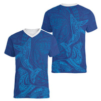 Hawaiian Monk Seal and Whale Women V-Neck T-Shirt Kakau Tribal Pattern Blue Color LT03 - Polynesian Pride