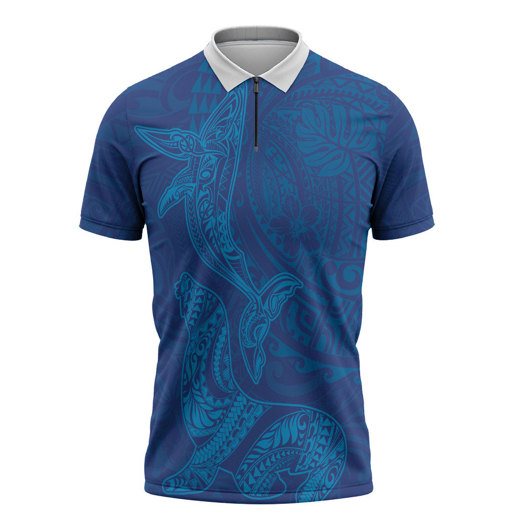 Hawaiian Monk Seal and Whale Zipper Polo Shirt Kakau Tribal Pattern Blue Color