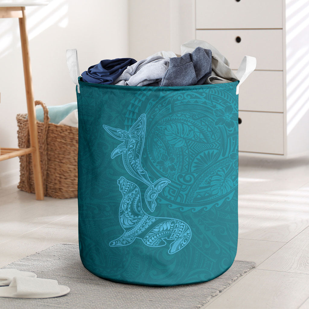 Hawaiian Monk Seal and Whale Laundry Basket Kakau Tribal Pattern Teal Color