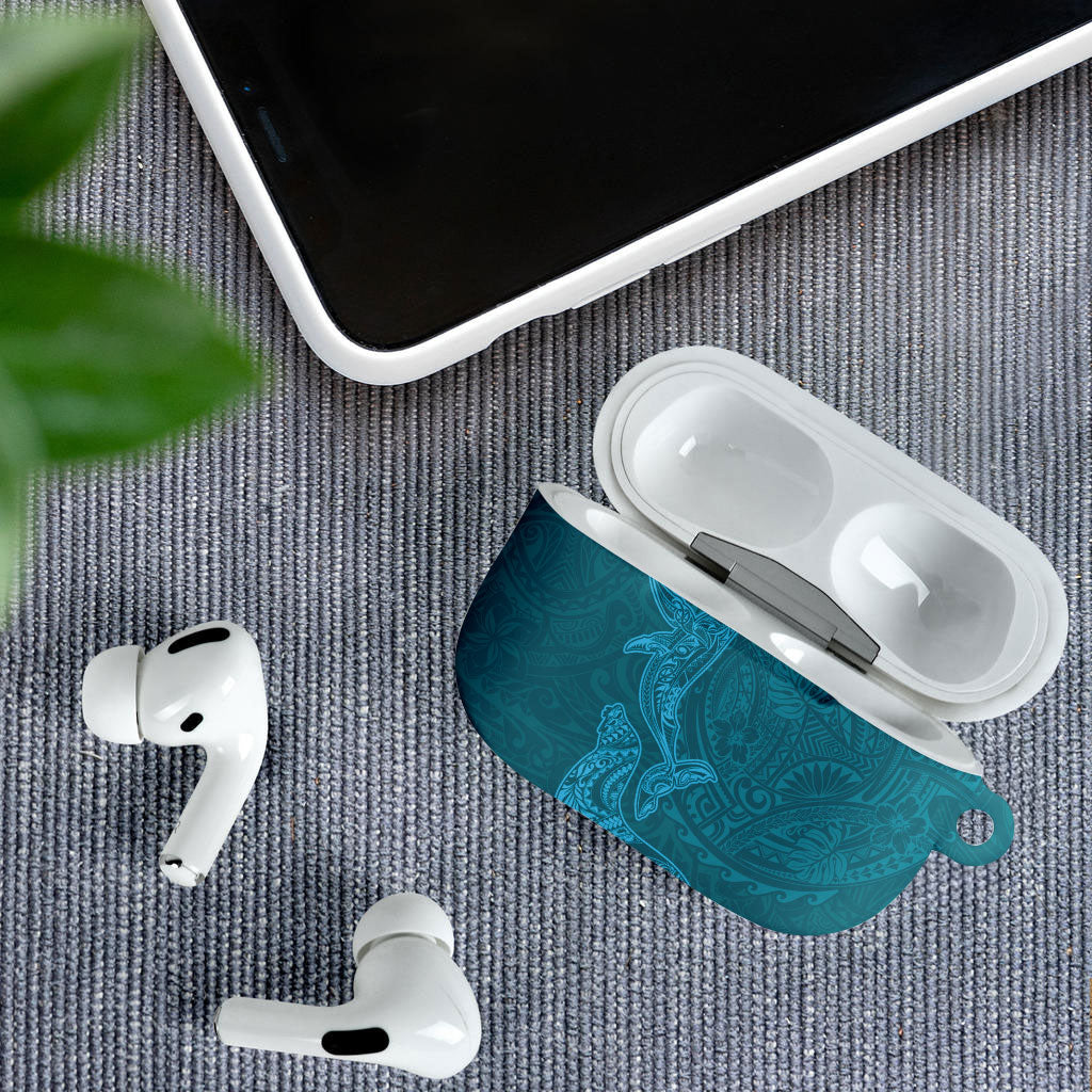 Hawaiian Monk Seal and Whale AirPods Case Kakau Tribal Pattern Teal Color
