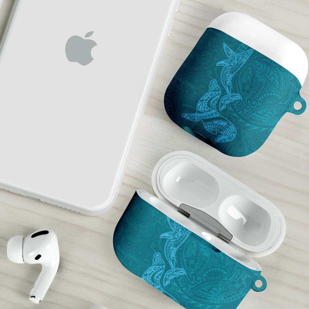 Hawaiian Monk Seal and Whale AirPods Case Kakau Tribal Pattern Teal Color