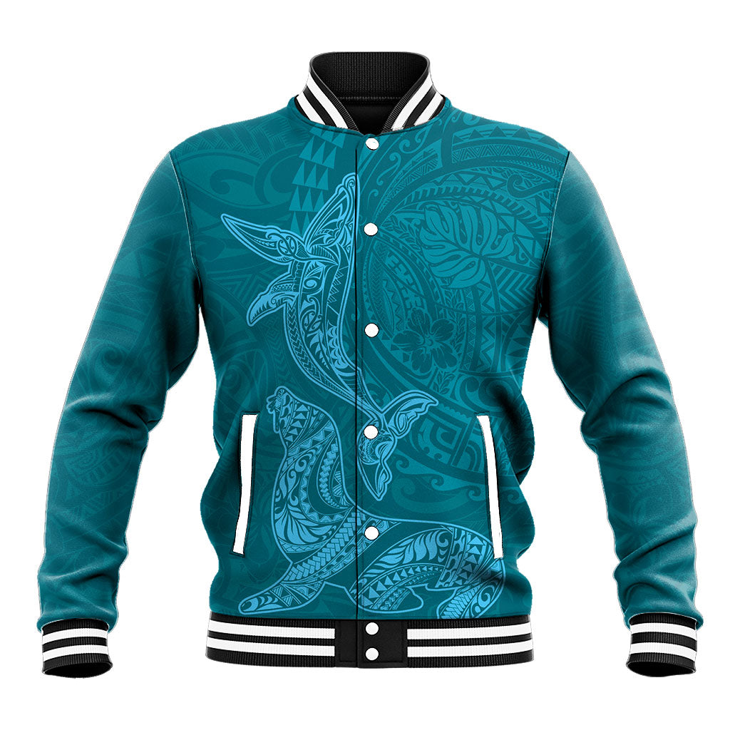 Hawaiian Monk Seal and Whale Baseball Jacket Kakau Tribal Pattern Teal Color
