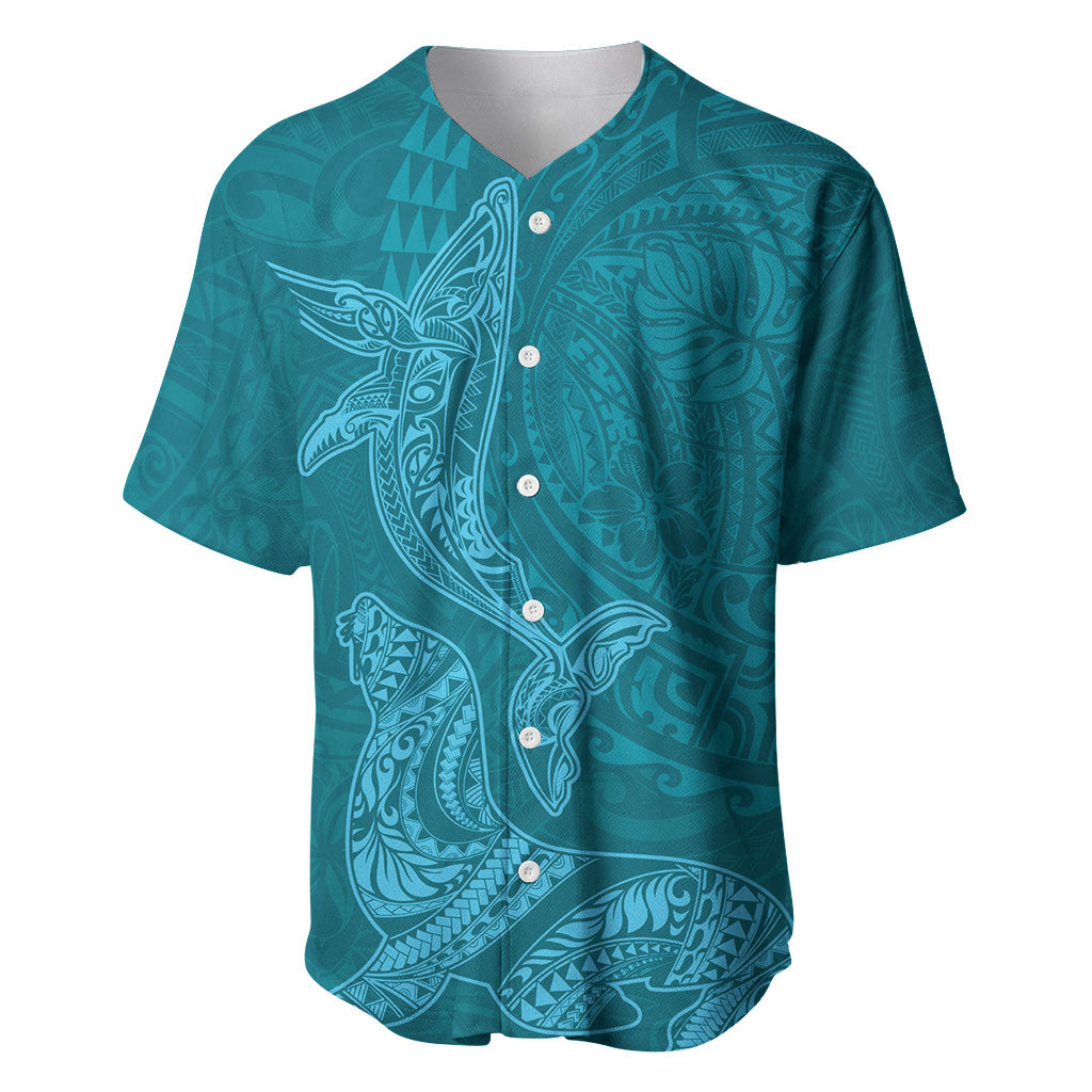 Hawaiian Monk Seal and Whale Baseball Jersey Kakau Tribal Pattern Teal Color LT03 Teal - Polynesian Pride