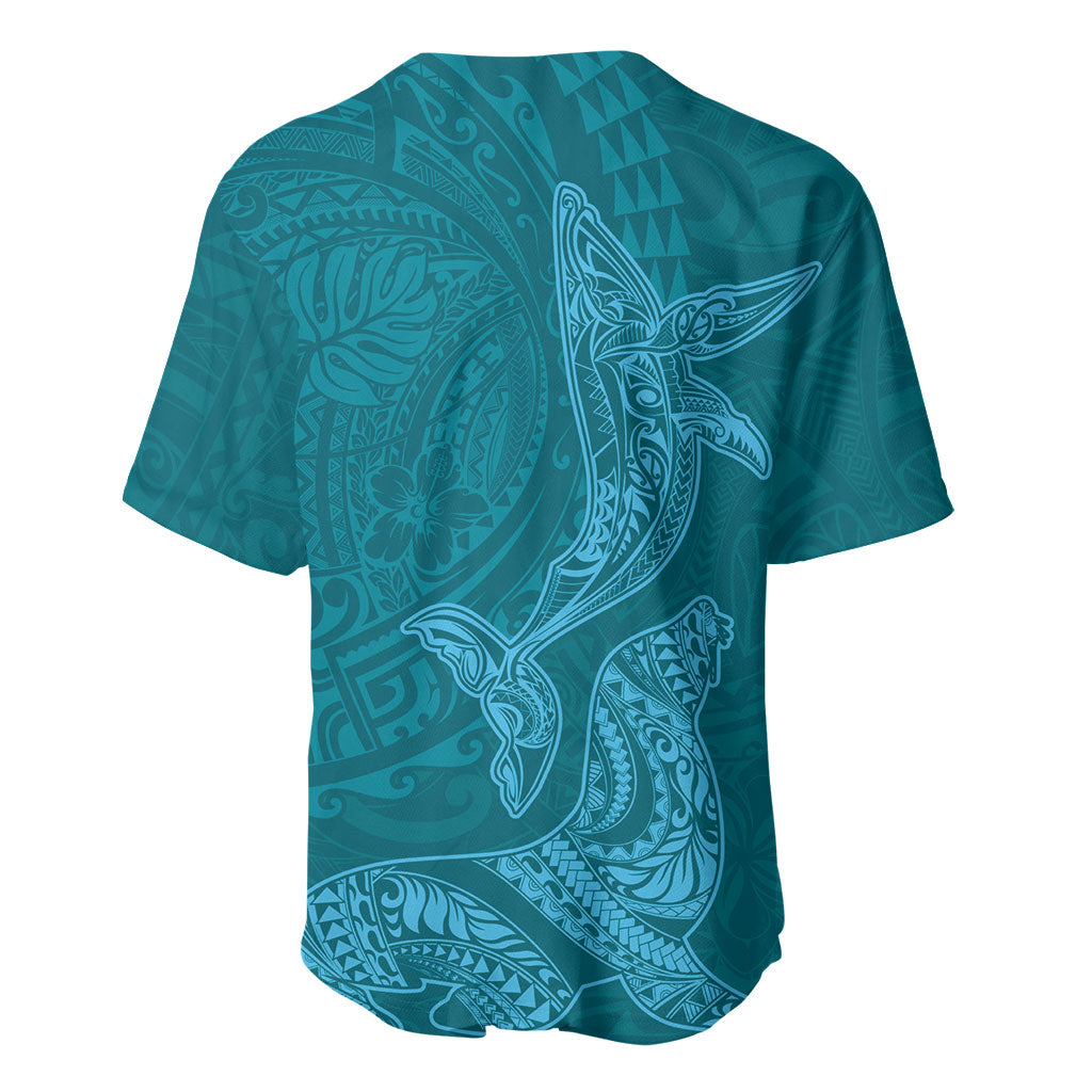 Hawaiian Monk Seal and Whale Baseball Jersey Kakau Tribal Pattern Teal Color LT03 - Polynesian Pride
