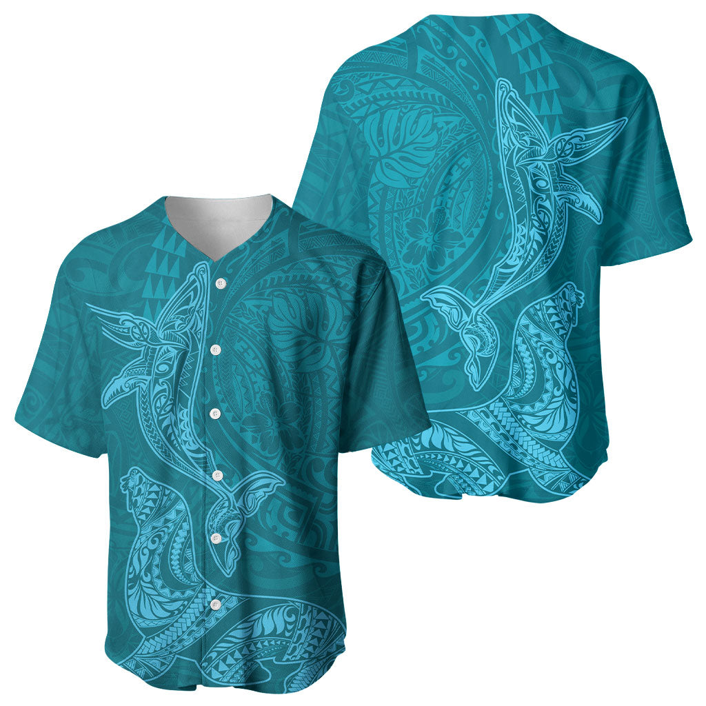 Hawaiian Monk Seal and Whale Baseball Jersey Kakau Tribal Pattern Teal Color LT03 - Polynesian Pride