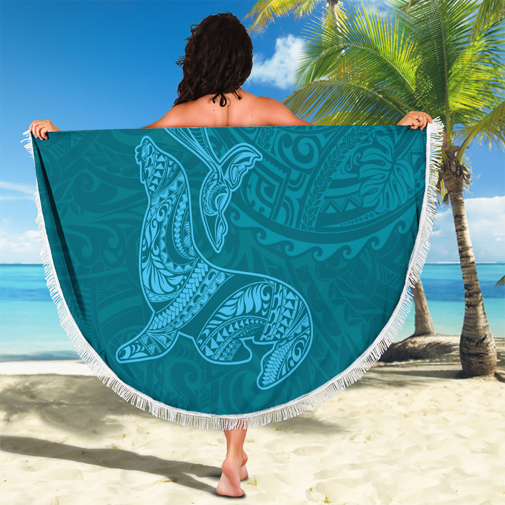 Hawaiian Monk Seal and Whale Beach Blanket Kakau Tribal Pattern Teal Color