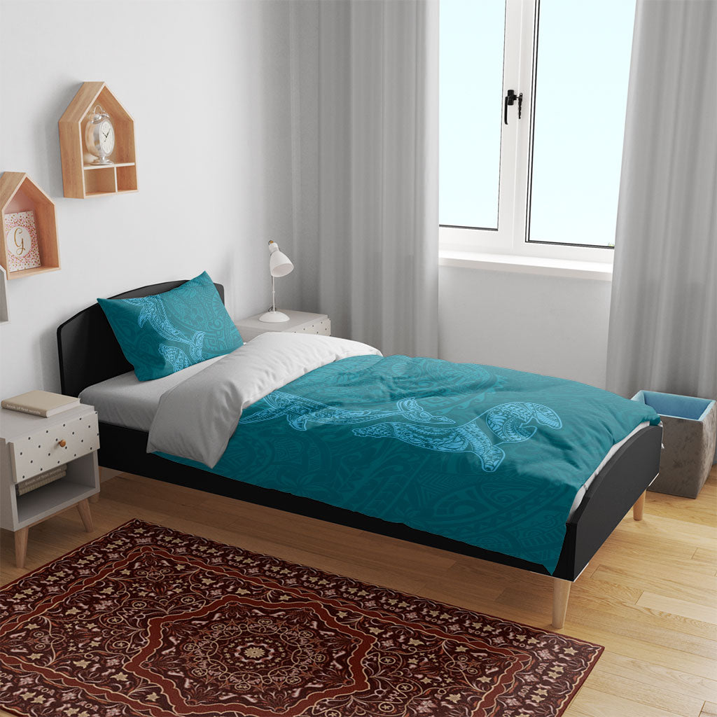 Hawaiian Monk Seal and Whale Bedding Set Kakau Tribal Pattern Teal Color
