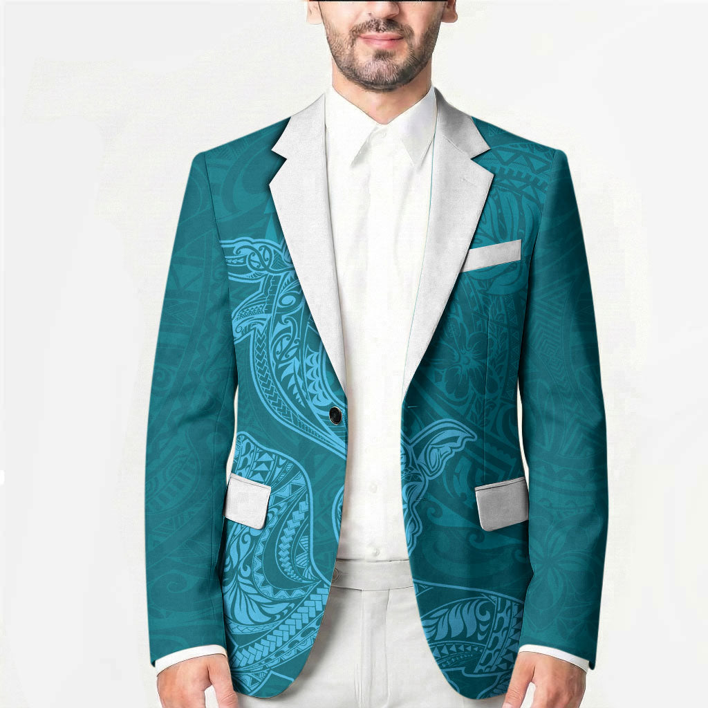 Hawaiian Monk Seal and Whale Blazer Kakau Tribal Pattern Teal Color