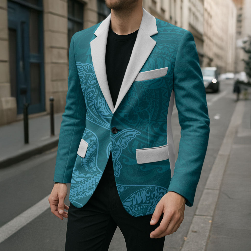 Hawaiian Monk Seal and Whale Blazer Kakau Tribal Pattern Teal Color