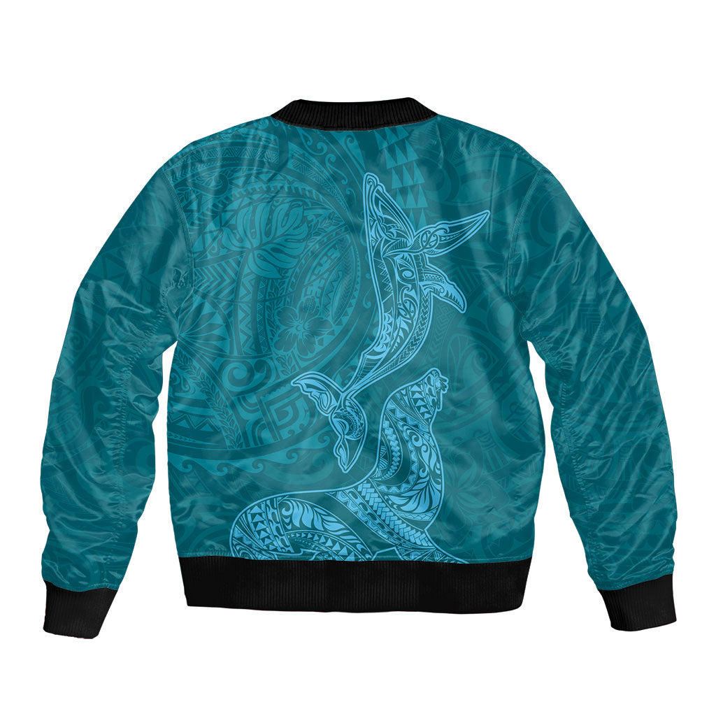 Hawaiian Monk Seal and Whale Bomber Jacket Kakau Tribal Pattern Teal Color