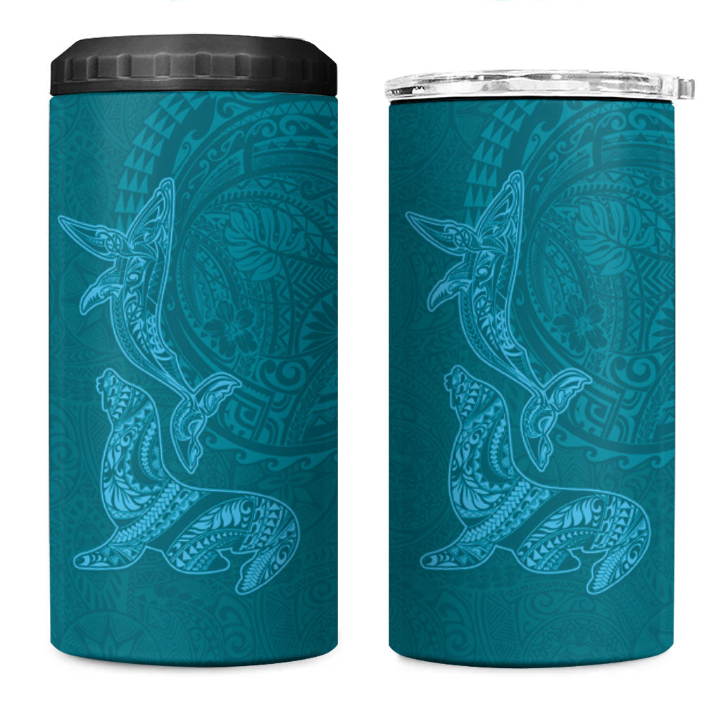 Hawaiian Monk Seal and Whale 4 in 1 Can Cooler Tumbler Kakau Tribal Pattern Teal Color