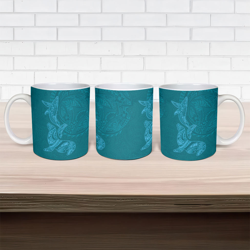Hawaiian Monk Seal and Whale Ceramic Mug Kakau Tribal Pattern Teal Color