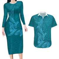 Hawaiian Monk Seal and Whale Couples Matching Long Sleeve Bodycon Dress and Hawaiian Shirt Kakau Tribal Pattern Teal Color