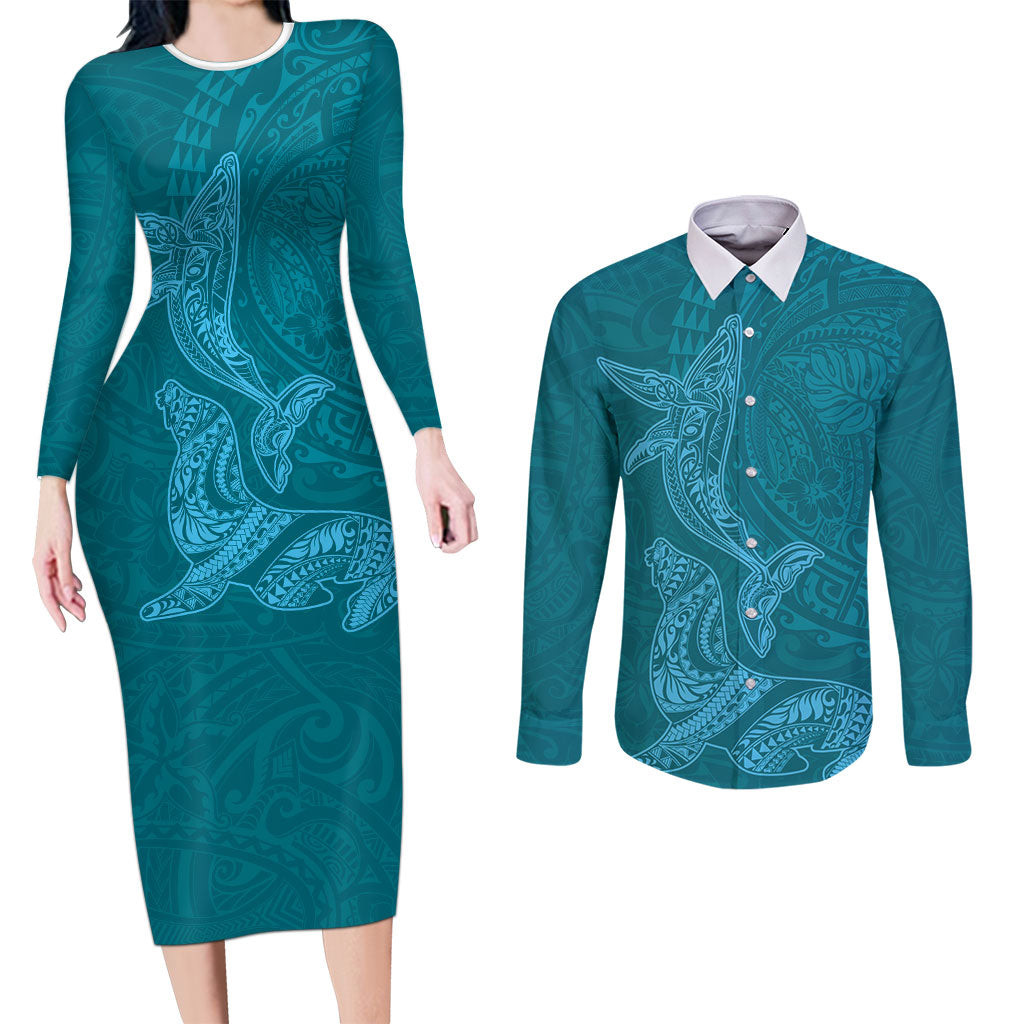 Hawaiian Monk Seal and Whale Couples Matching Long Sleeve Bodycon Dress and Long Sleeve Button Shirt Kakau Tribal Pattern Teal Color