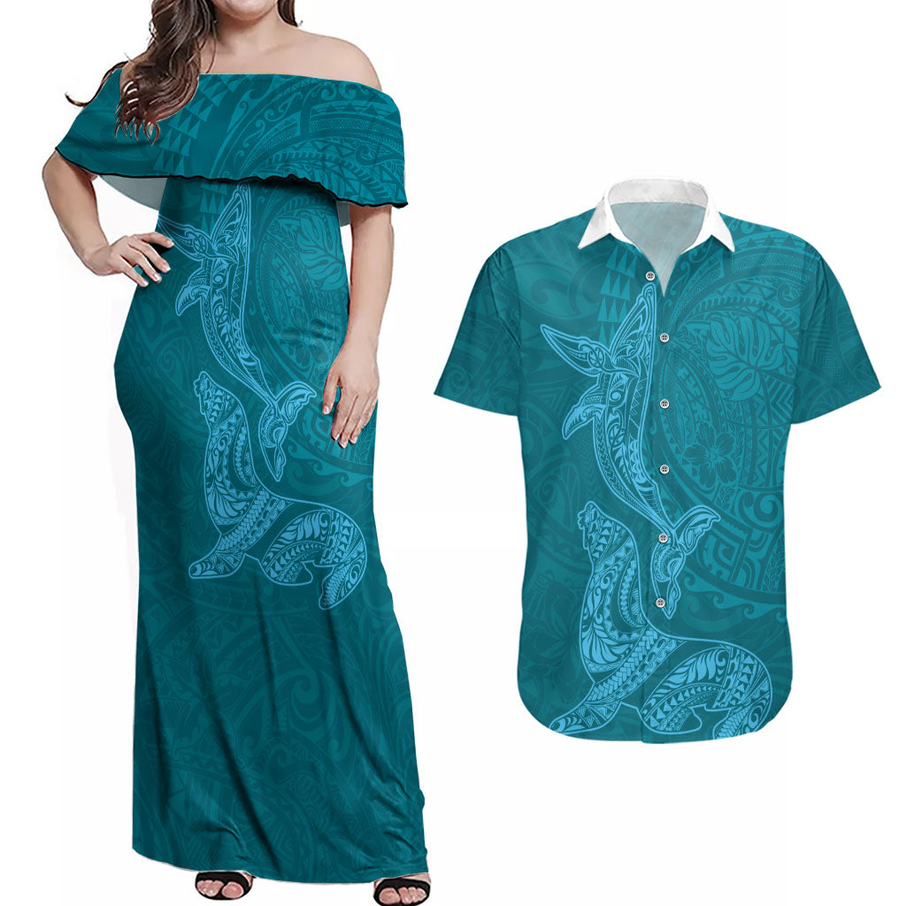 Hawaiian Monk Seal and Whale Couples Matching Off Shoulder Maxi Dress and Hawaiian Shirt Kakau Tribal Pattern Teal Color