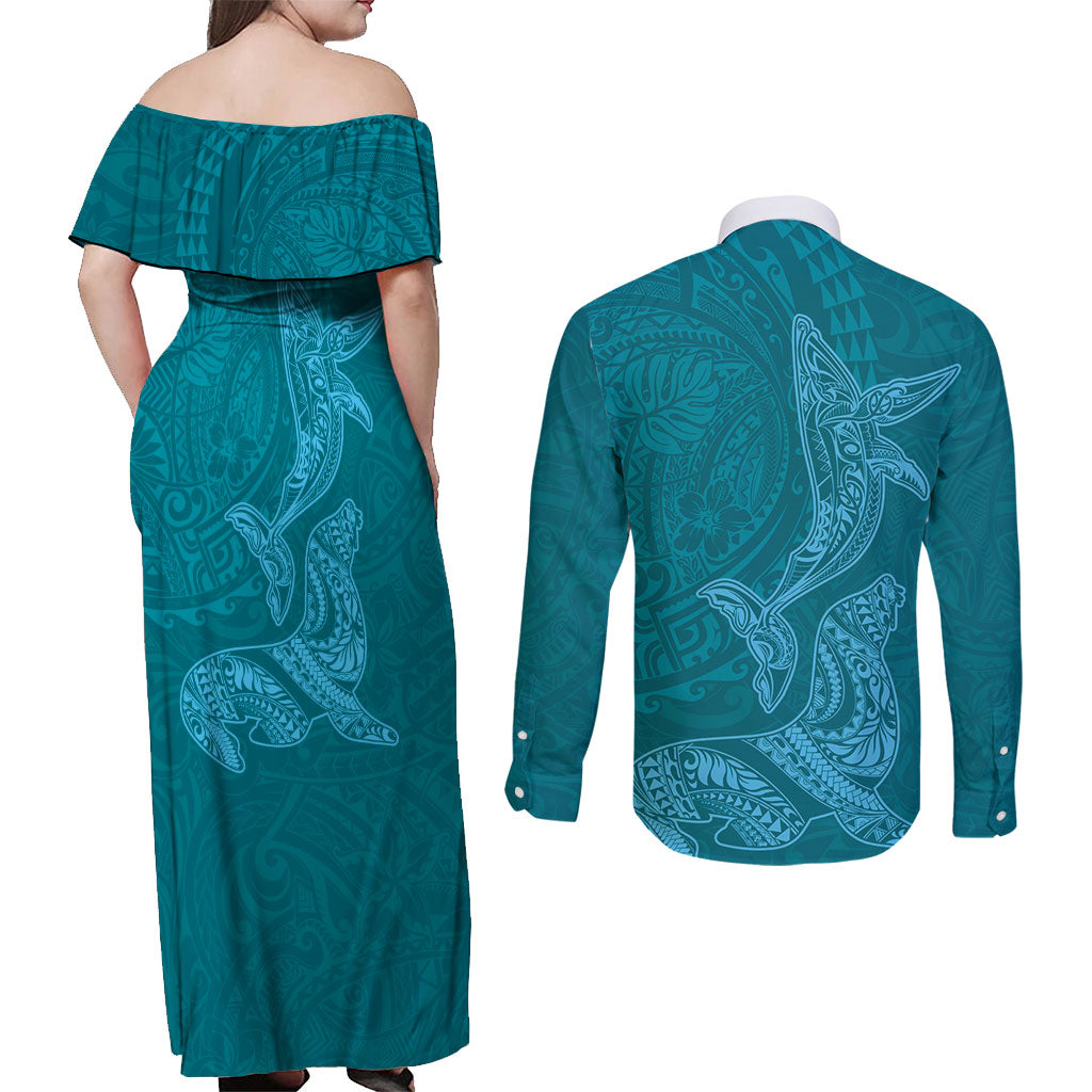 Hawaiian Monk Seal and Whale Couples Matching Off Shoulder Maxi Dress and Long Sleeve Button Shirt Kakau Tribal Pattern Teal Color