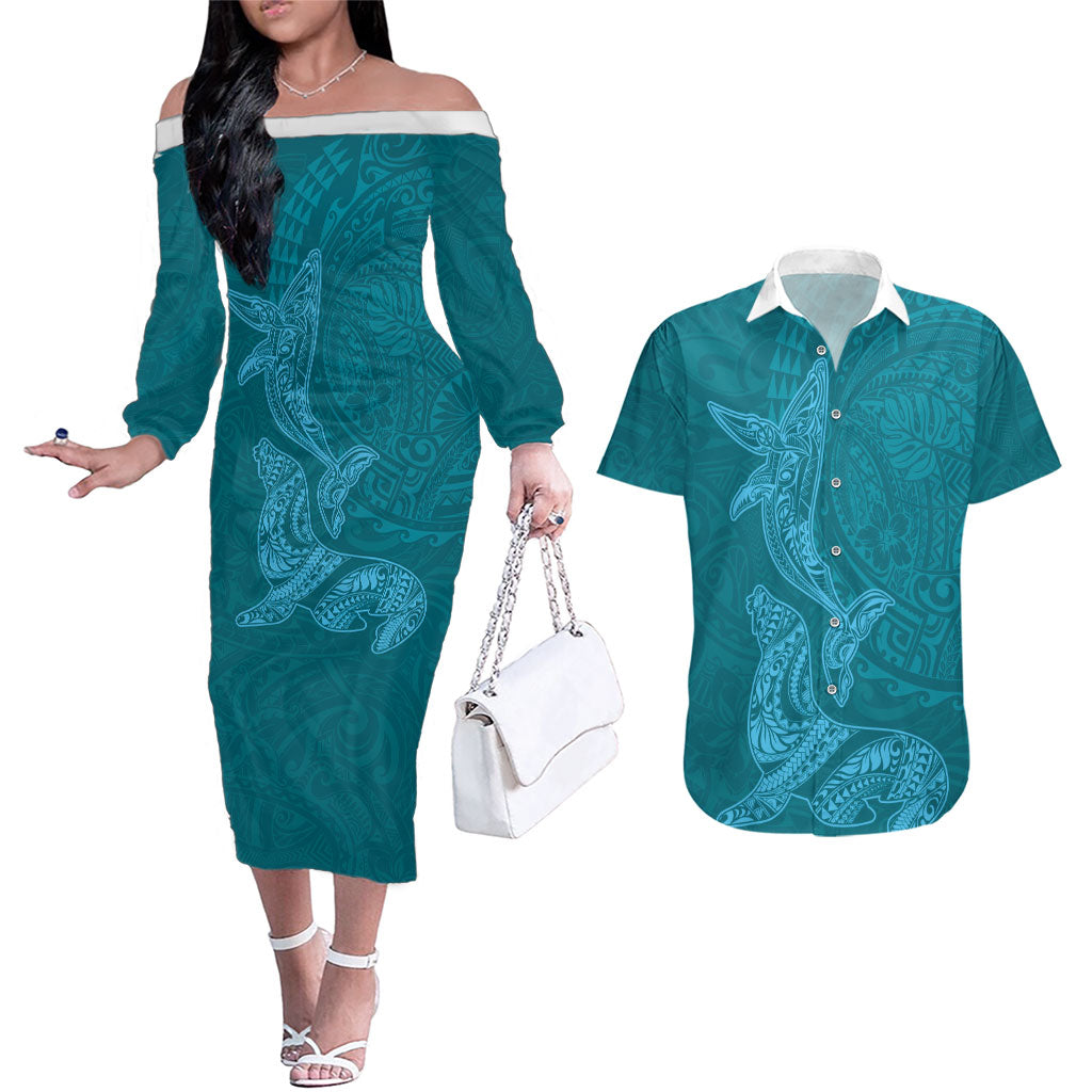 Hawaiian Monk Seal and Whale Couples Matching Off The Shoulder Long Sleeve Dress and Hawaiian Shirt Kakau Tribal Pattern Teal Color