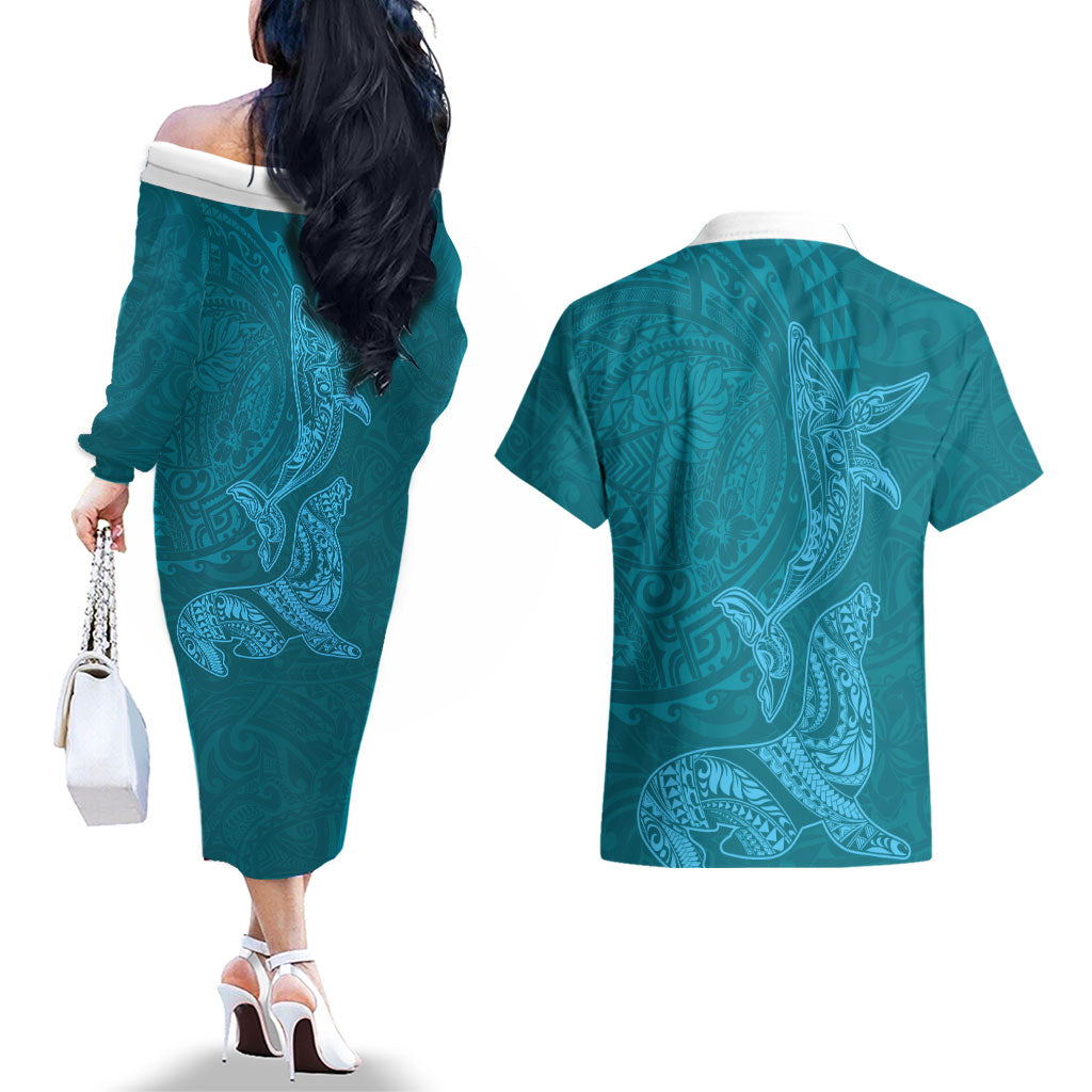 Hawaiian Monk Seal and Whale Couples Matching Off The Shoulder Long Sleeve Dress and Hawaiian Shirt Kakau Tribal Pattern Teal Color