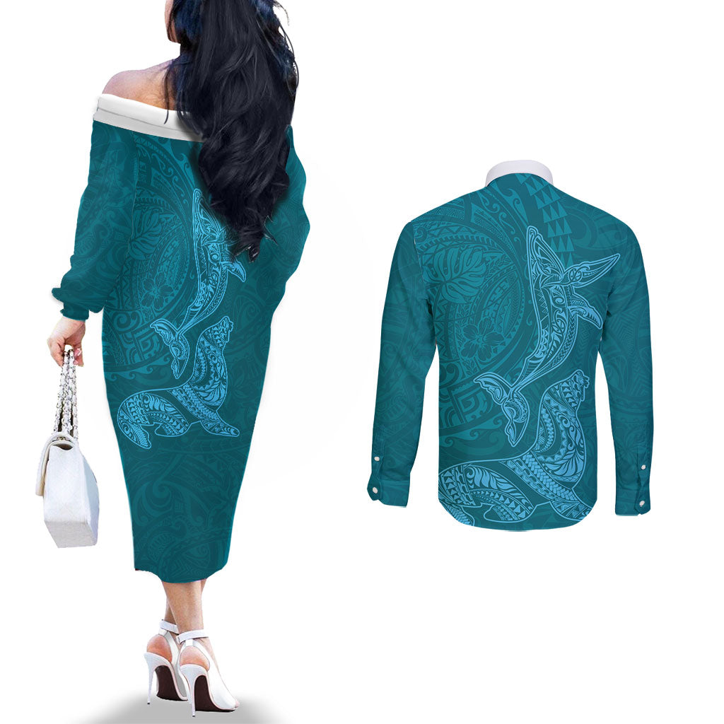 Hawaiian Monk Seal and Whale Couples Matching Off The Shoulder Long Sleeve Dress and Long Sleeve Button Shirt Kakau Tribal Pattern Teal Color