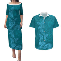 Hawaiian Monk Seal and Whale Couples Matching Puletasi and Hawaiian Shirt Kakau Tribal Pattern Teal Color