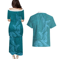Hawaiian Monk Seal and Whale Couples Matching Puletasi and Hawaiian Shirt Kakau Tribal Pattern Teal Color