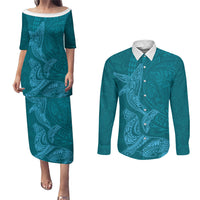 Hawaiian Monk Seal and Whale Couples Matching Puletasi and Long Sleeve Button Shirt Kakau Tribal Pattern Teal Color