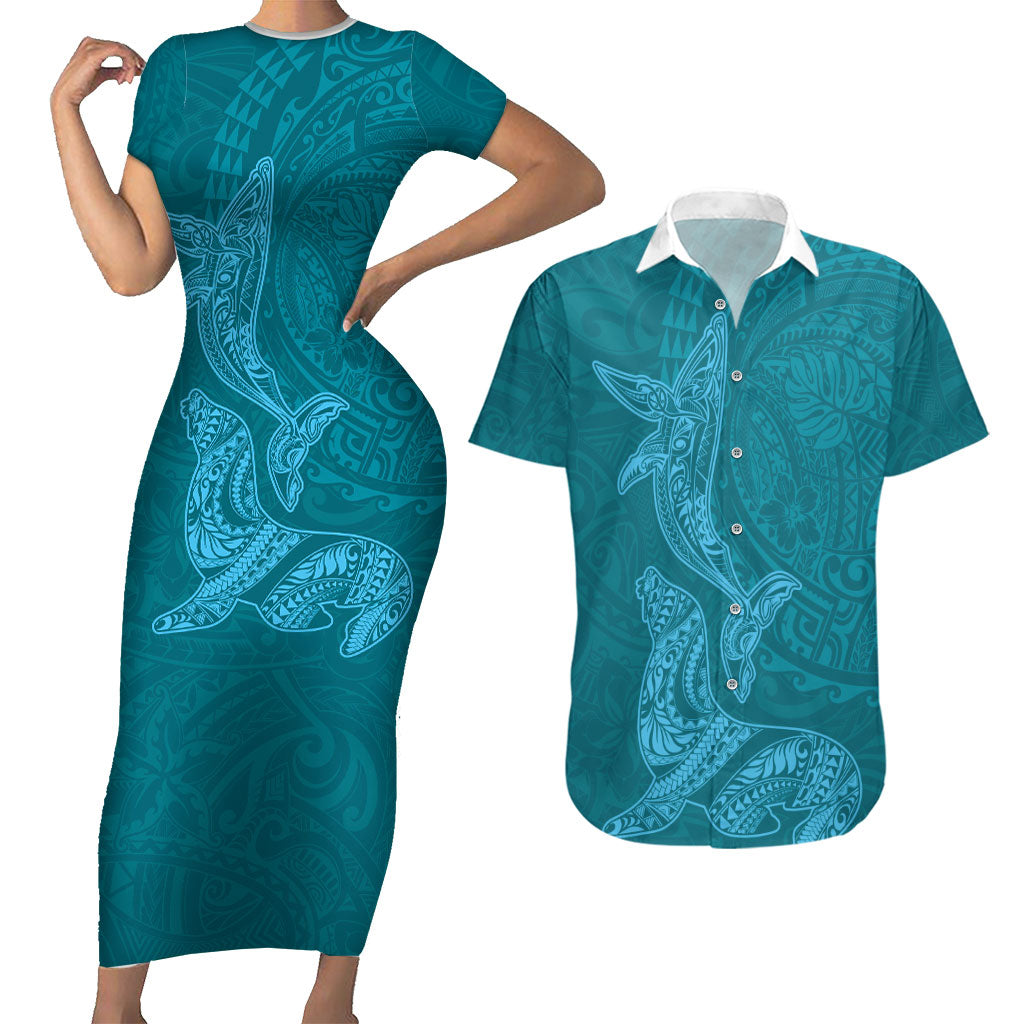 Hawaiian Monk Seal and Whale Couples Matching Short Sleeve Bodycon Dress and Hawaiian Shirt Kakau Tribal Pattern Teal Color