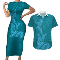 Hawaiian Monk Seal and Whale Couples Matching Short Sleeve Bodycon Dress and Hawaiian Shirt Kakau Tribal Pattern Teal Color