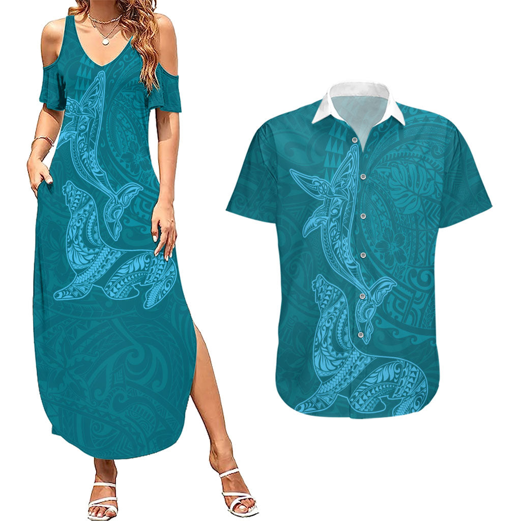 Hawaiian Monk Seal and Whale Couples Matching Summer Maxi Dress and Hawaiian Shirt Kakau Tribal Pattern Teal Color