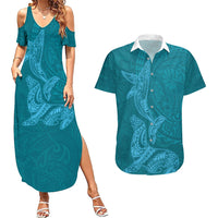 Hawaiian Monk Seal and Whale Couples Matching Summer Maxi Dress and Hawaiian Shirt Kakau Tribal Pattern Teal Color